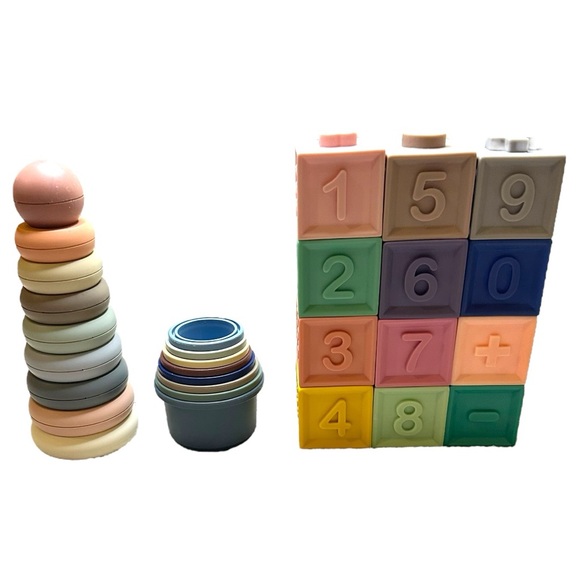 Mushie Other - 6M+ (3) Toy Bundle - Mushie Stacking Rings, Cups & Montessori Building Blocks